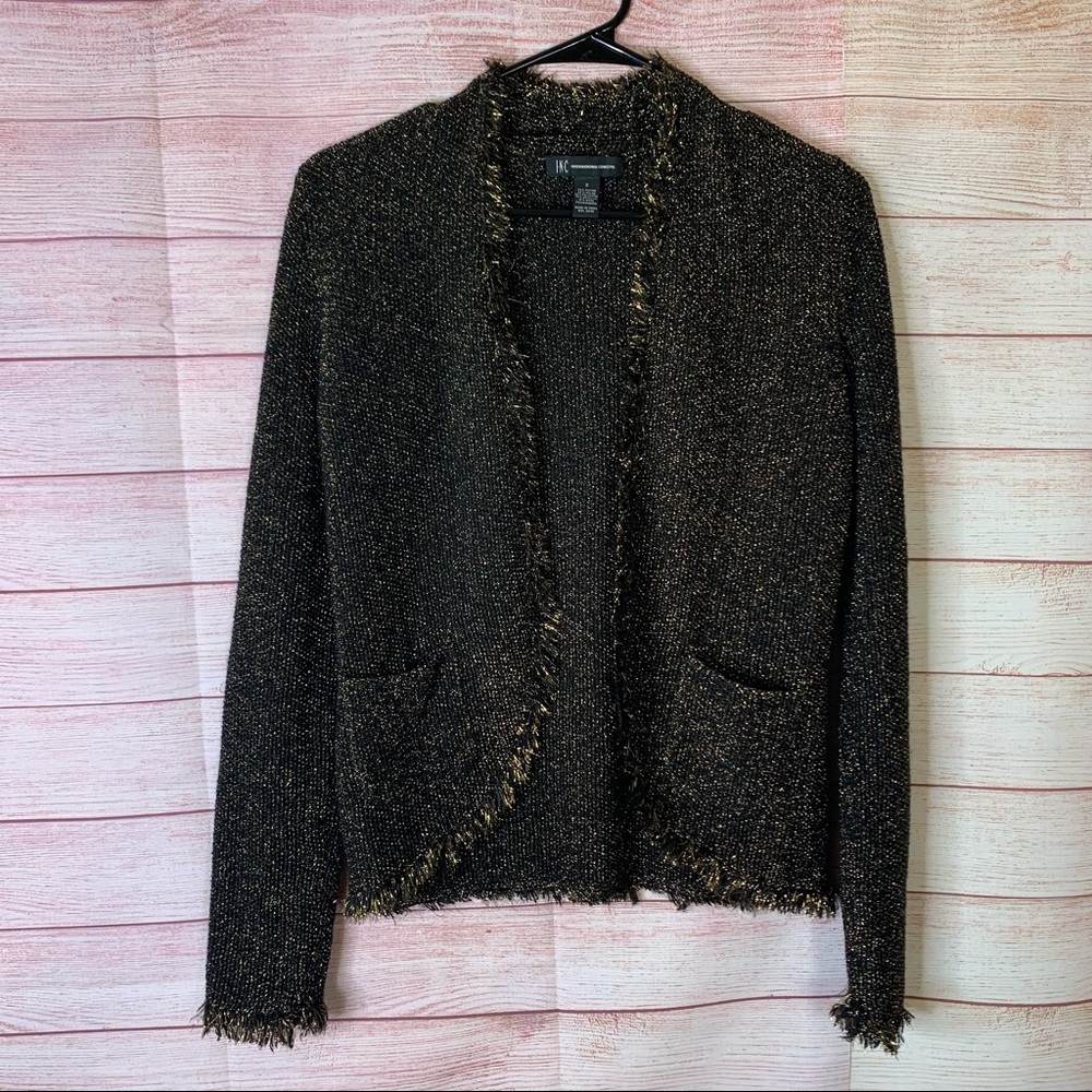 INC International Concepts Open Front Fringe‎ Metallic Gold Blazer Jacket Small